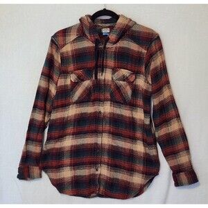 Kavu Jess Womens Sz M Button Up Flannel Plaid Hoodie Shacket Gorpcore
